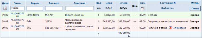 190 MrBiba, Фильтр, масло, щётка