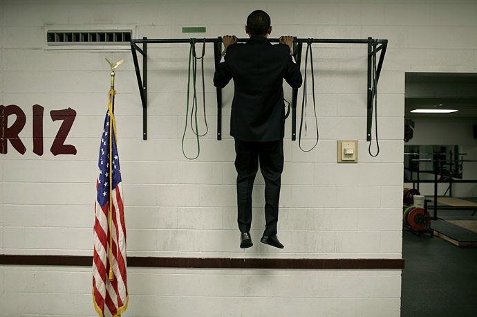 Raising the Bar - Barack Obama does a chin-up before a campaign rally at the University of Missoula's Dahlberg Arena in Missoula, Montana. Callie Shell / Aurora for TIME